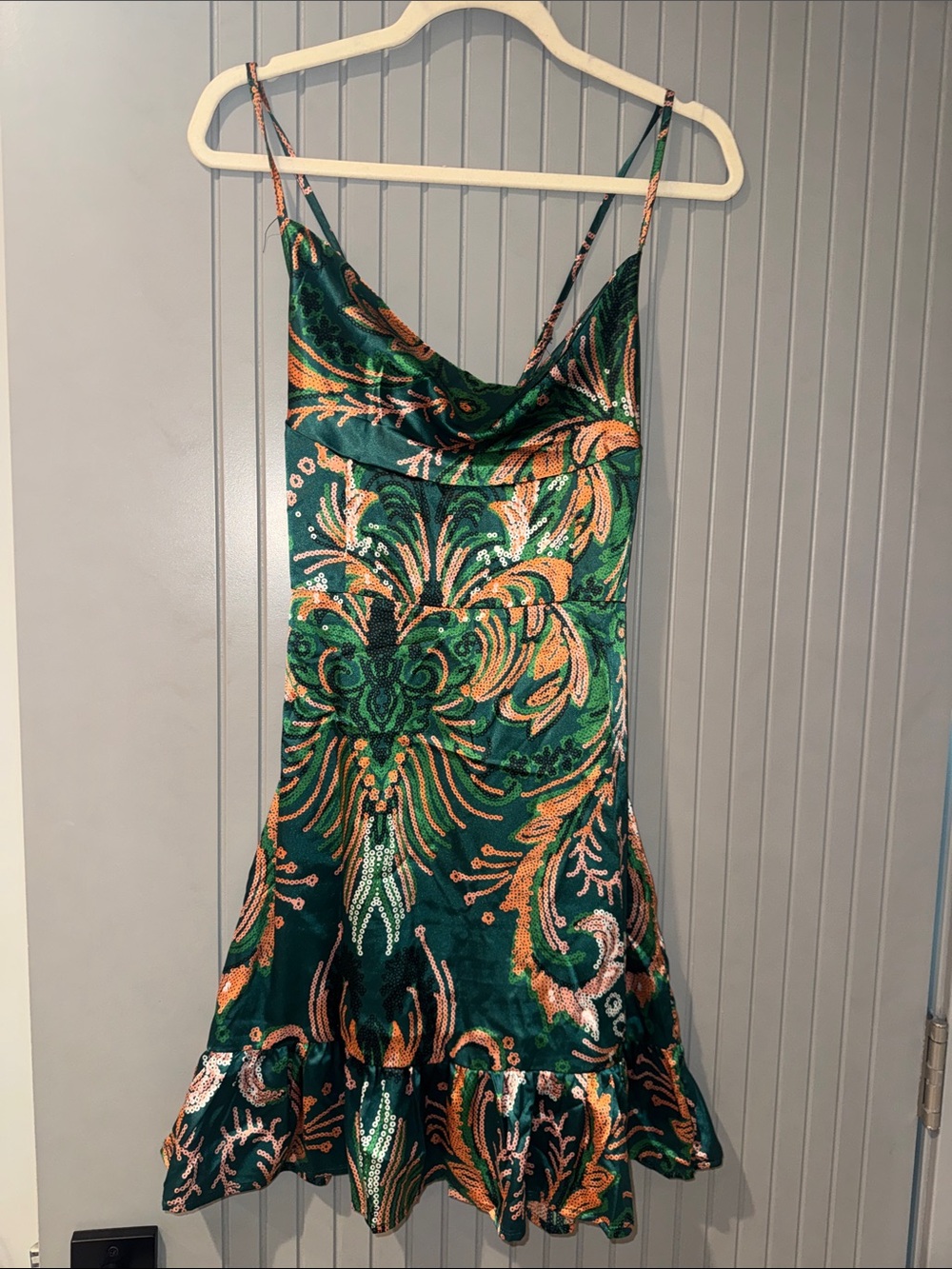 Emerald Green Sequin Cowl Slip Dress with Gold Accents
